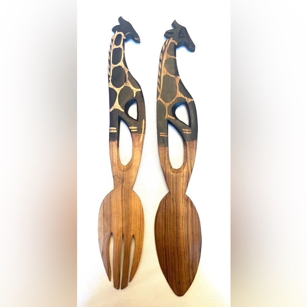Vintage hand carved wooden salad fork and spoon